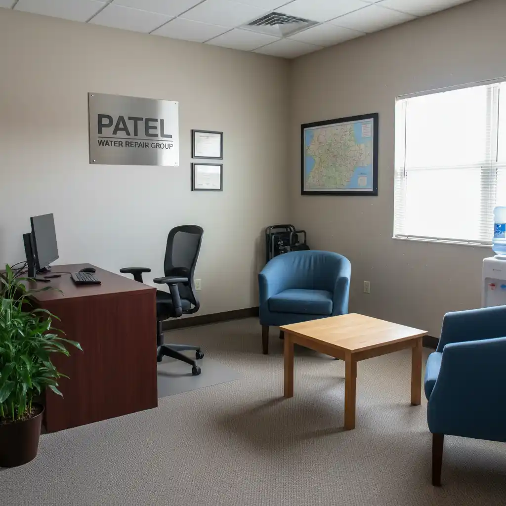 Patel Water Repair Group office interior with company logo on wall at 1275 Bloomfield Ave, Fairfield, NJ