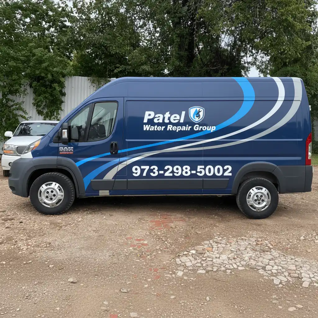 Patel Water Repair Group service van with company branding and phone number 973-298-5002
